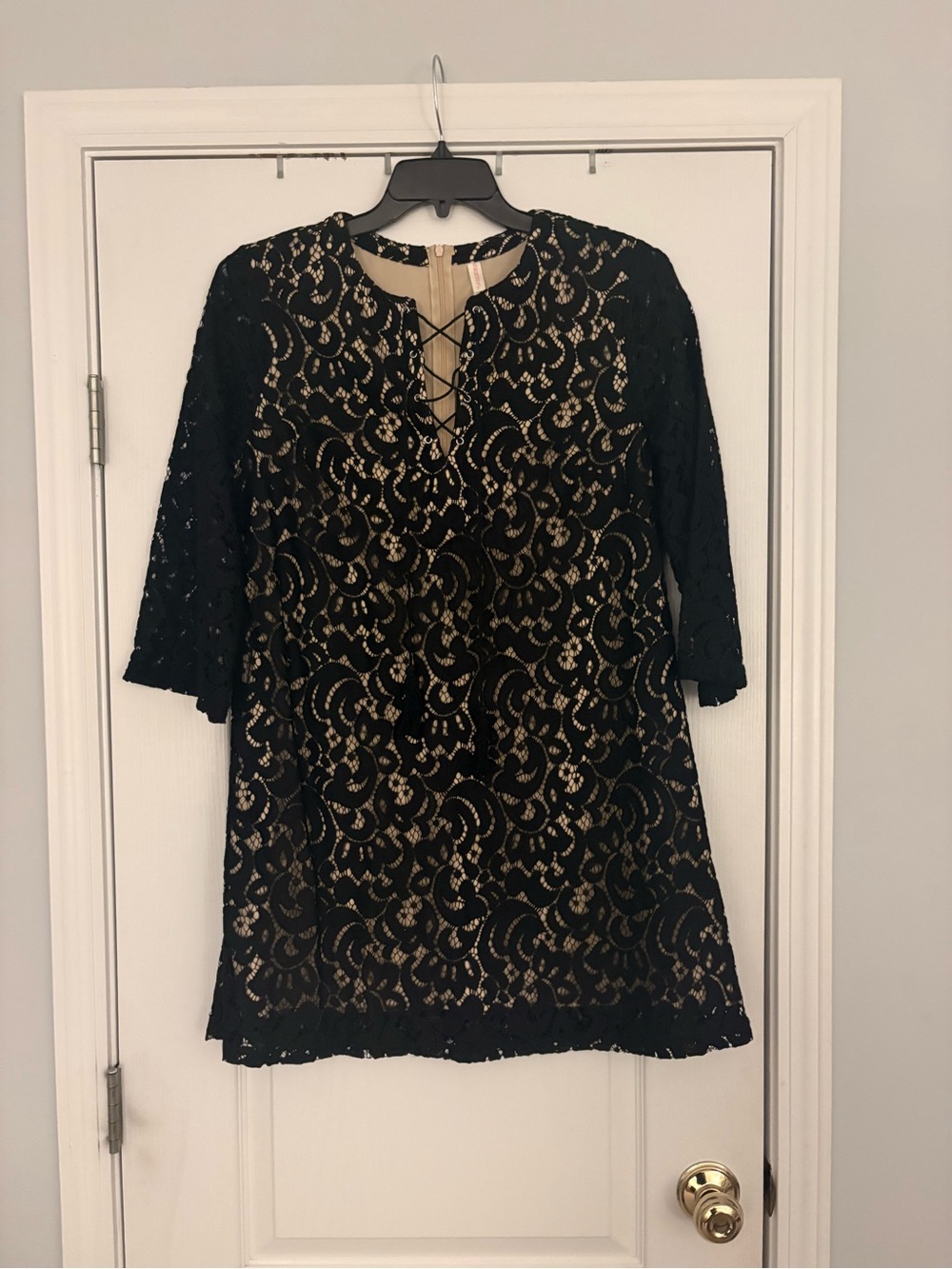 Xhilaration Black Lace Dress with Nude Lining and Lace-Up V-Neck